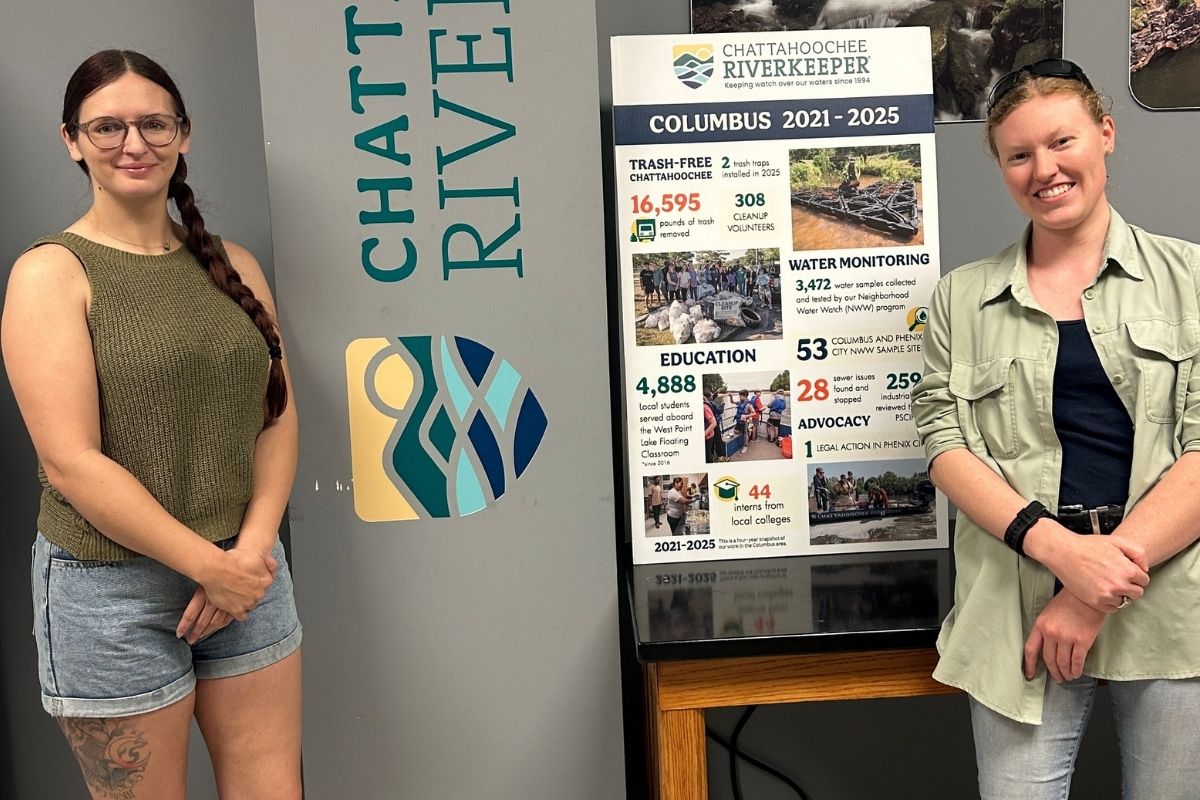 Two smiling women stand inside an office on either side of a large Chattahoochee Riverkeeper logo and a poster titled "Columbus 2021-2025" detailing local conservation milestones. The poster displays environmental statistics under sections for Trash-Free Chattahoochee, Water Monitoring, Education, and Advocacy.