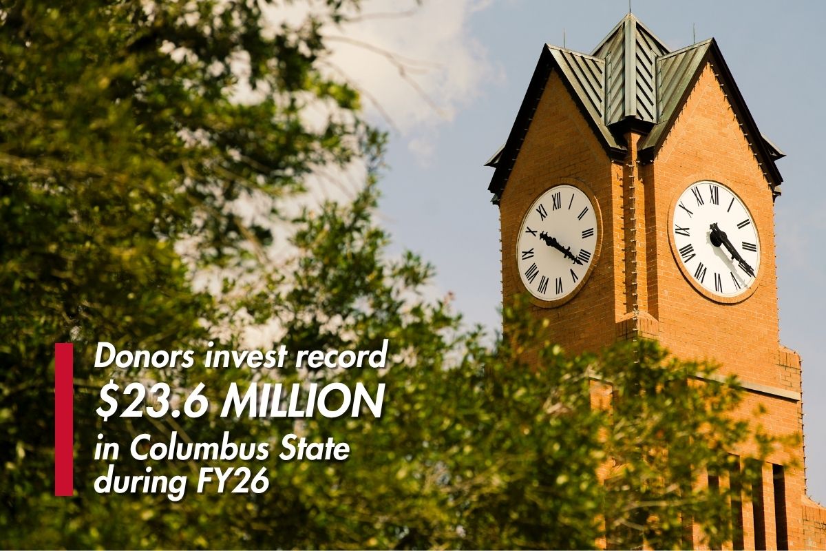 Promotional graphic announcing a record $23.6 million in donor investments for Columbus State University during Fiscal Year 2026, set against the campus clock tower.