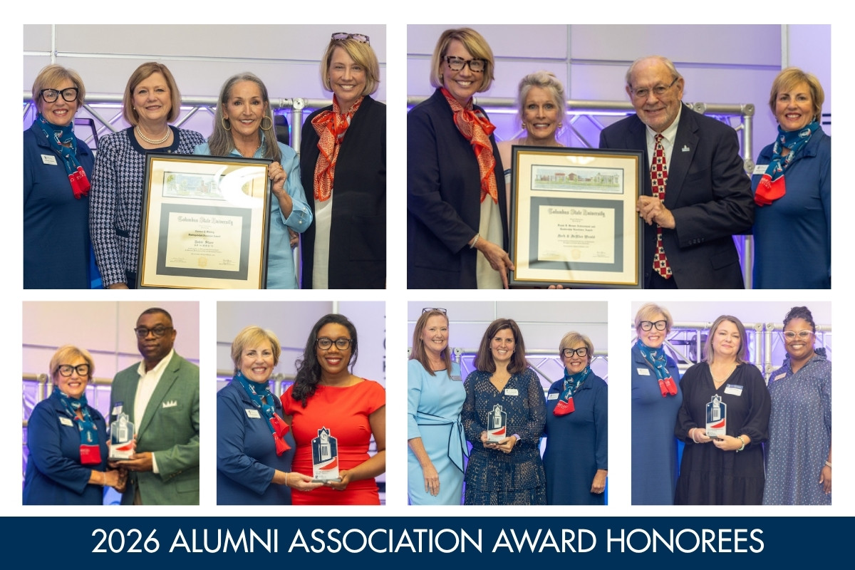 A composite image of award recipients receiving framed certificates and awards