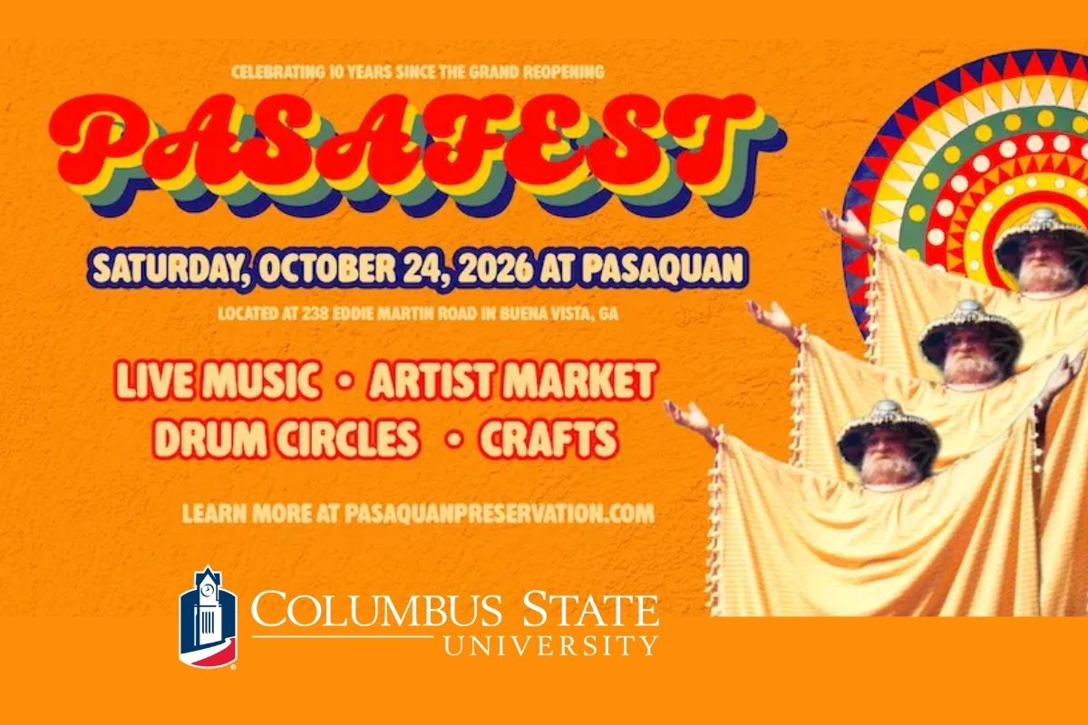 Promotional graphic for PASAFEST on an orange textured background celebrating 10 years since the grand reopening of Pasaquan[cite: 21]. Event details state Saturday, October 24, 2026, at 238 Eddie Martin Road in Buena Vista, GA, featuring live music, an artist market, drum circles, and crafts, with web address pasaquanpreservation.com and the Columbus State University logo[cite: 21]. On the right, three figures in yellow fringed robes and hats raise their arms against a colorful circular artwork