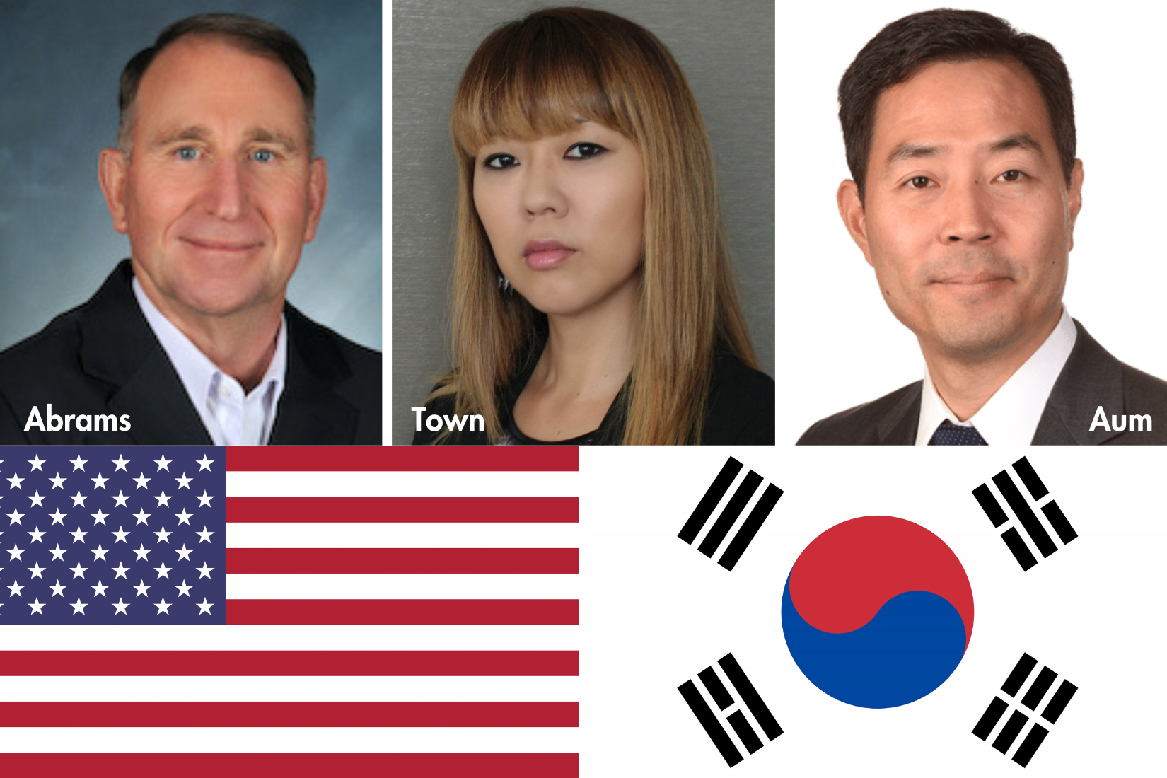 Graphic with headshots of Abrams, Town and Aum, along with the U.S. and Republic of Korean flagsepublic of 