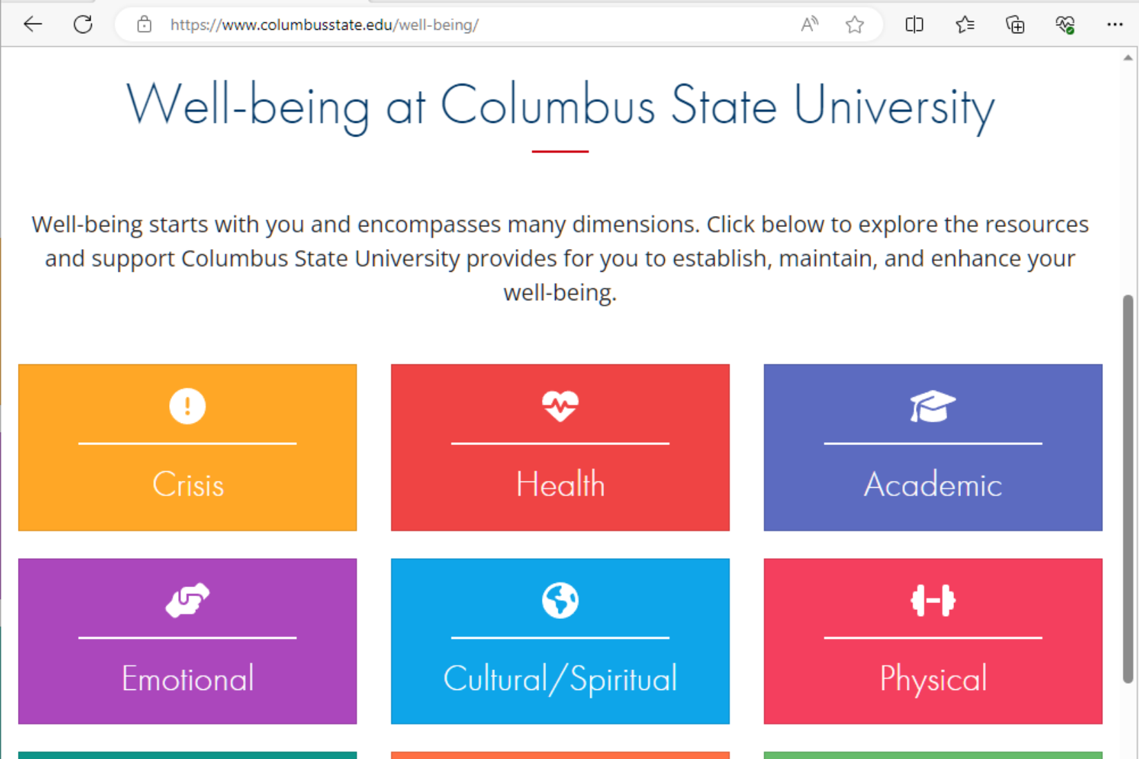 Screenshot of website with heading Well-being at Columbus State University and different-colored tiles