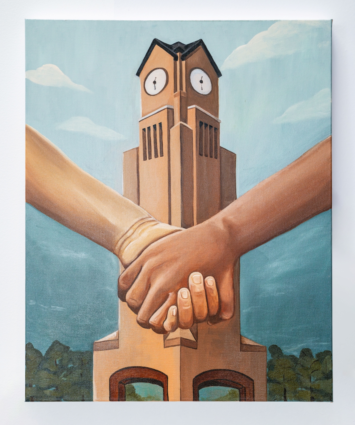 Painting of the CSU Clock Tower with the hands of two people grasping together