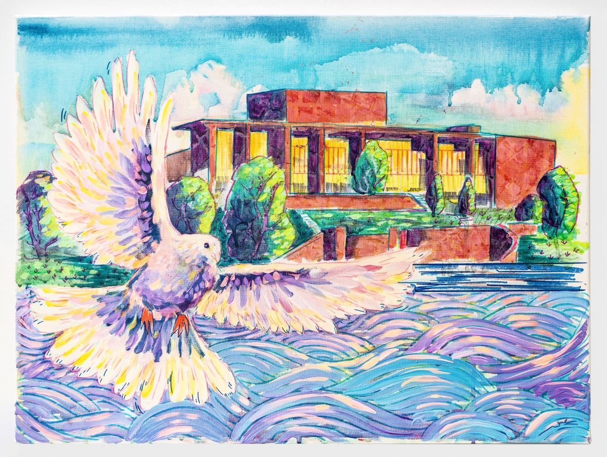 Painting of a dove flying above a river and in front of the Riverside Theatre