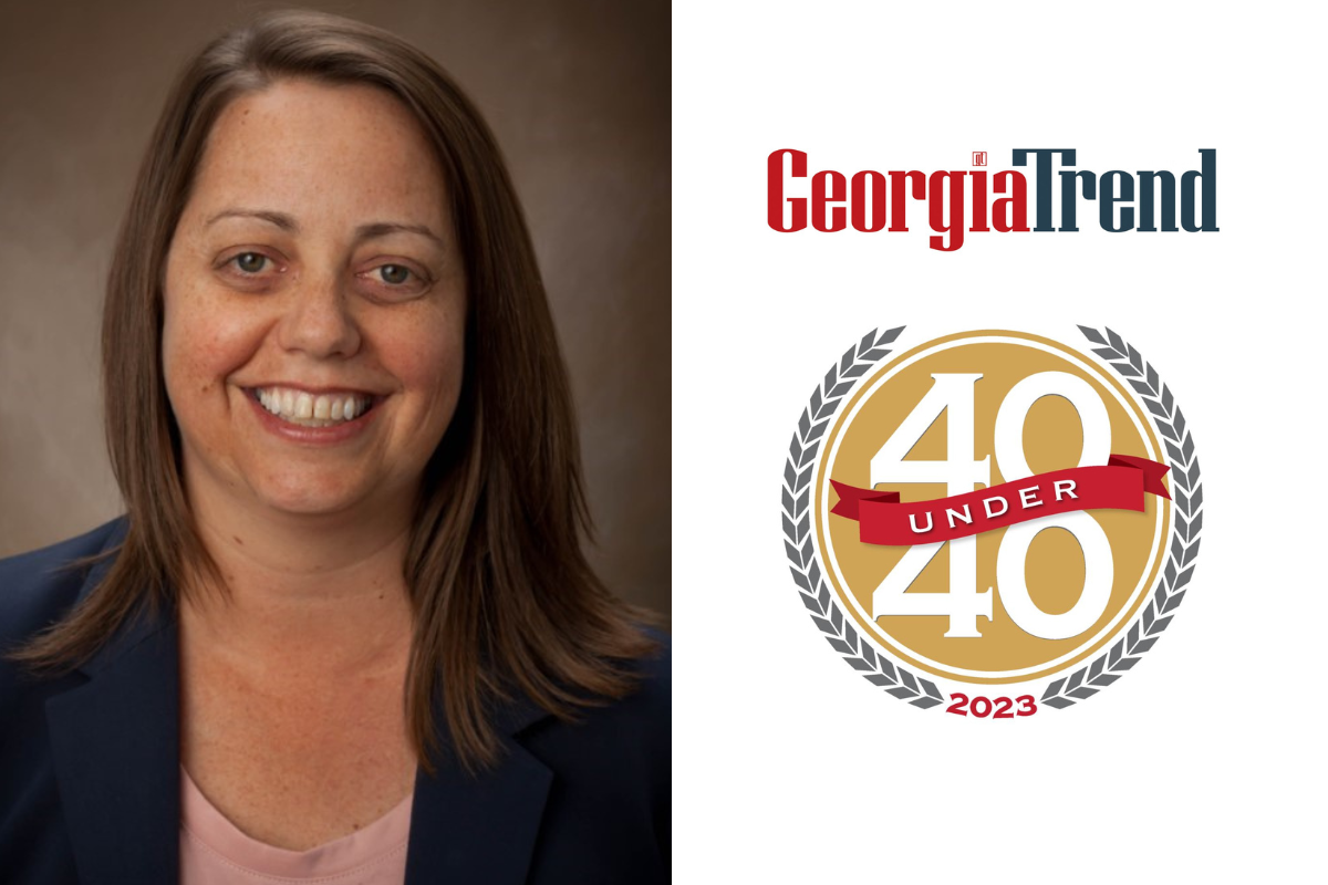 Headshot of Ashley Woitena with Georgia Trend logo and 40 Under 40 2023 seal