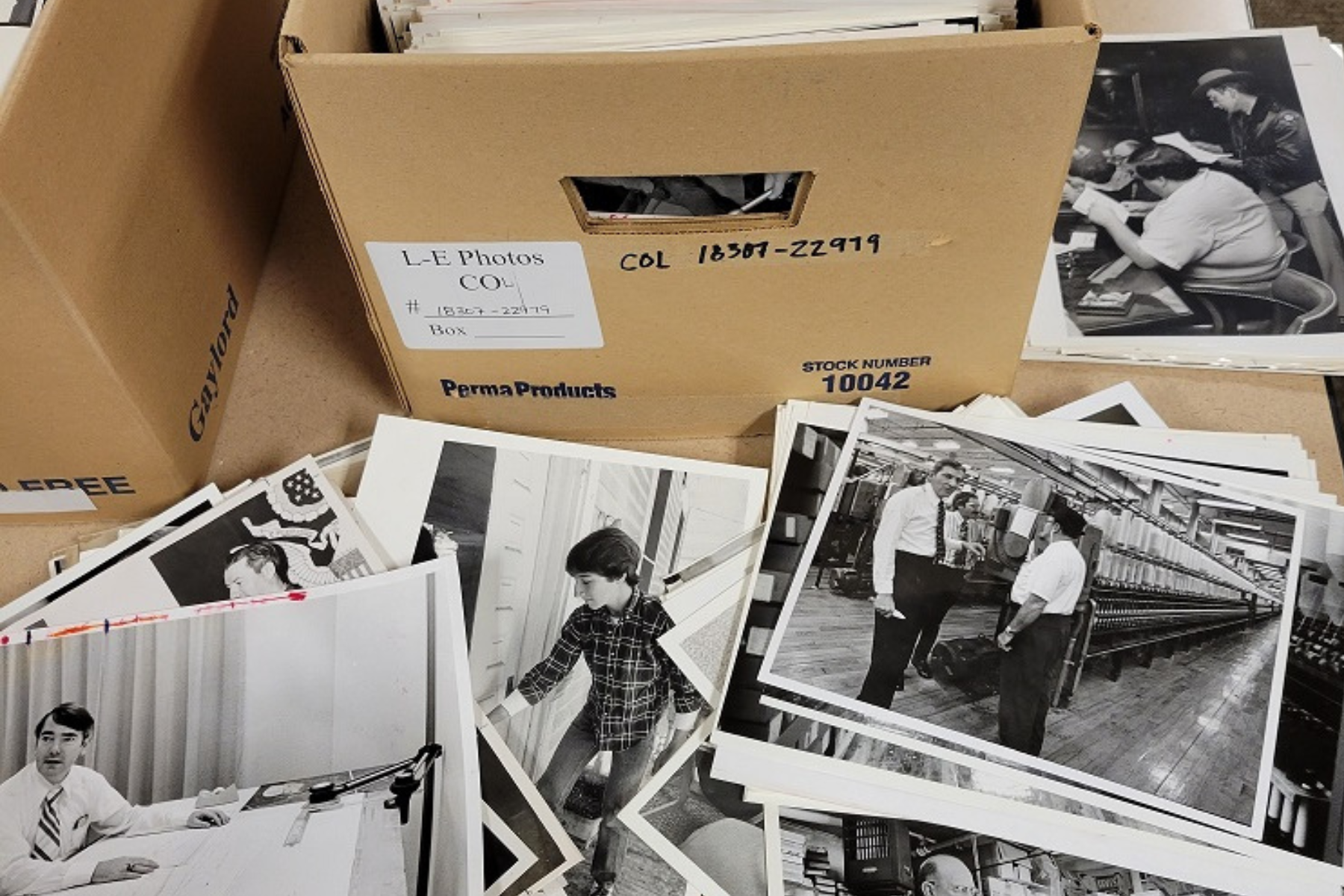 Photo of a archival storage box surrounded by black and white photos