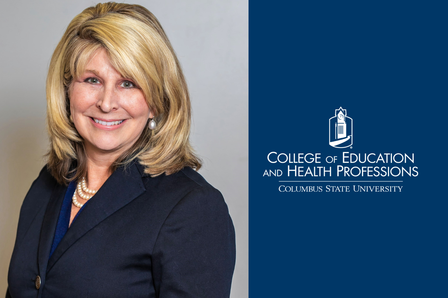 Headshot of Margie Yates on the left, with the College of Education and Health Professions logo on the right