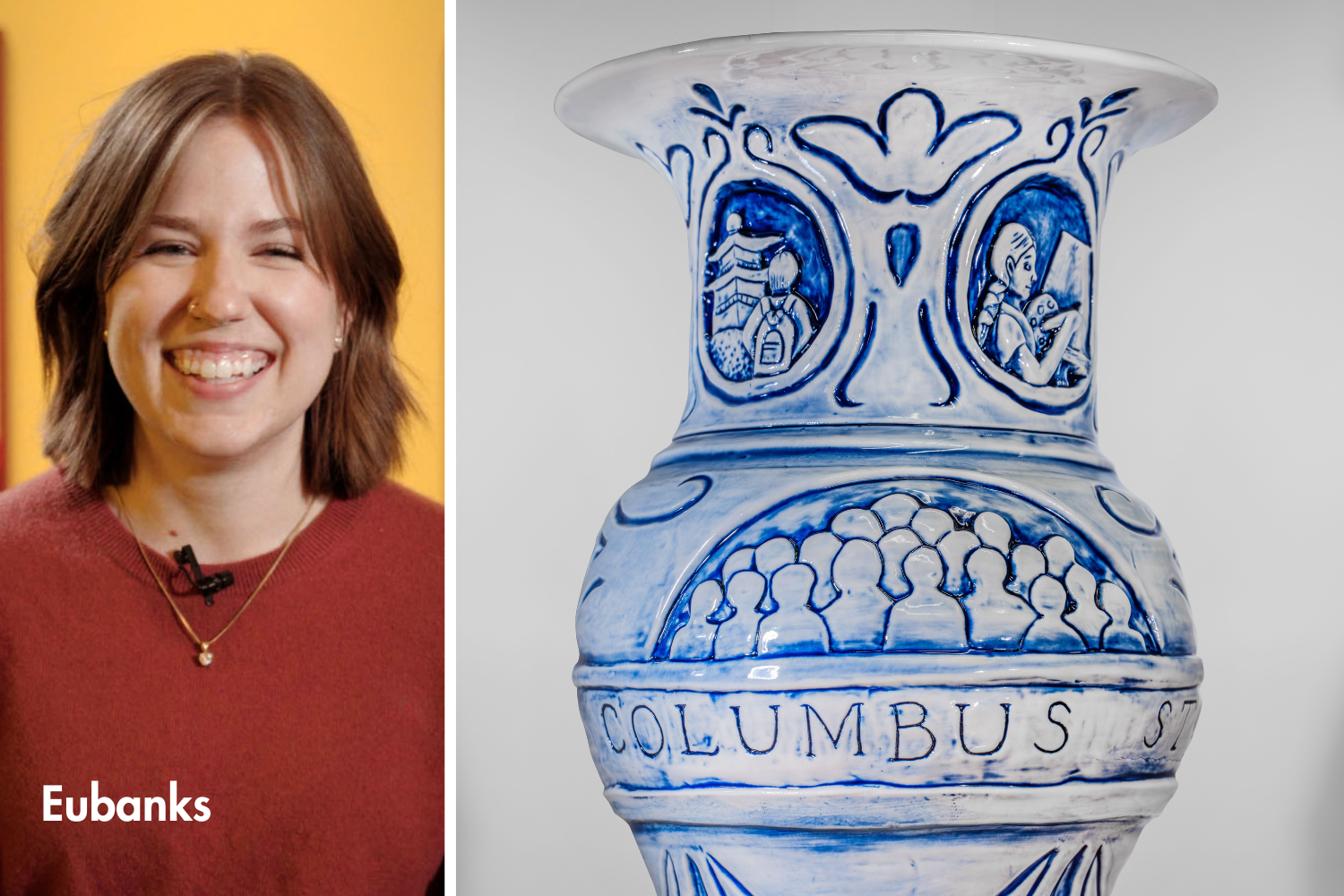 Headshot of Campbell Eubanks with an image of her vase