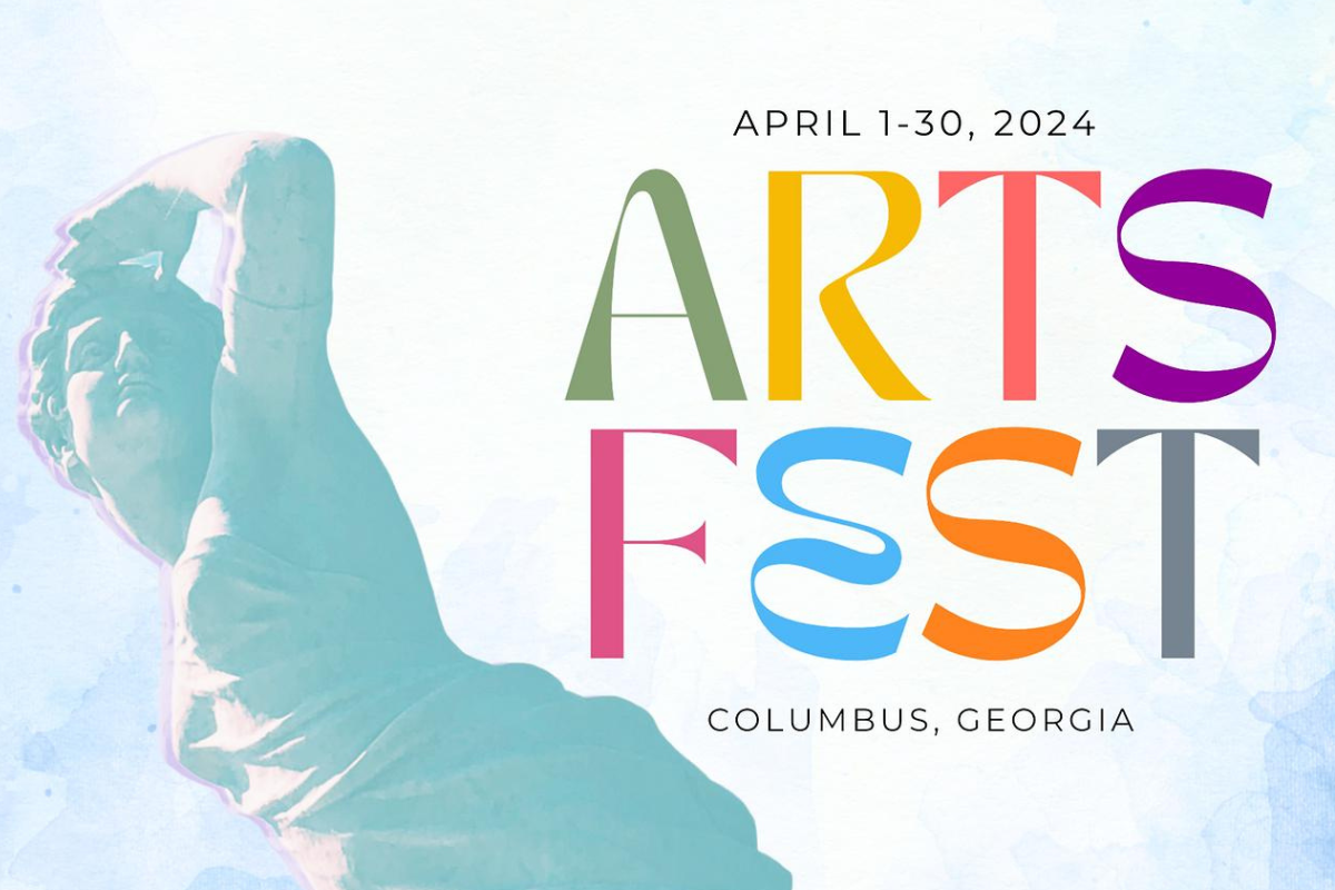 Graphic with a female Greek-style statue and the text April 1-30, 2024, ARTS FEST, COLUMBUS, GEORGIA