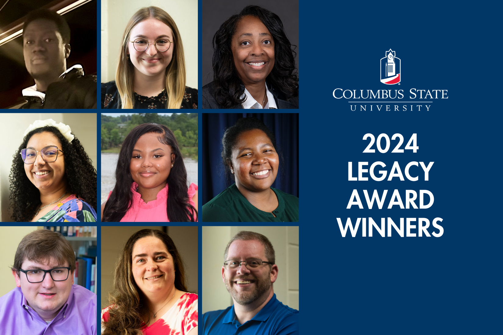 Grid of photos of award winner headshots with the Columbus State University logo and the title "2024 Legacy Award Winners)