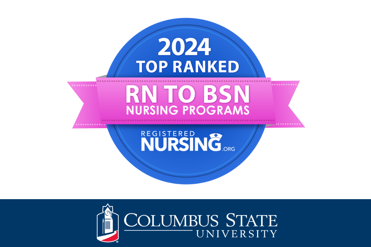 Rankings Badge: 2024 Top Ranked RN to BSN Nursing Programs, RegisteredNursing.org, Columbus State University logo