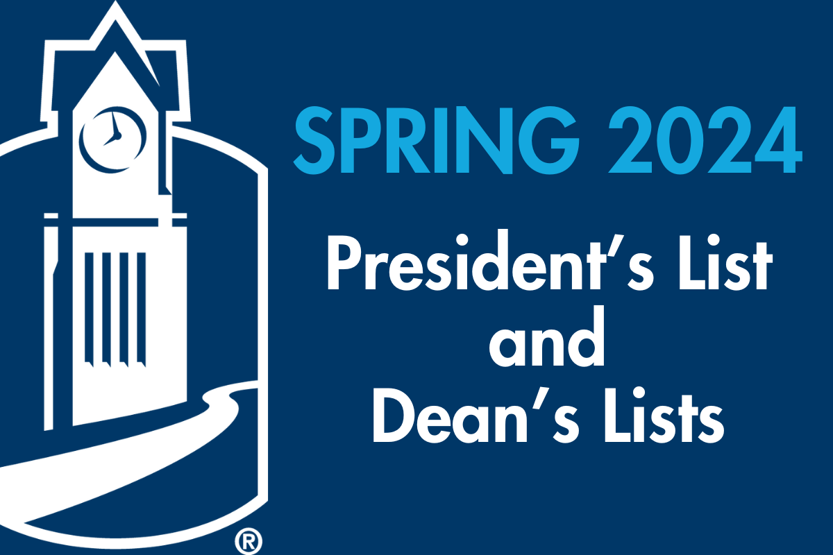 Image with an outline of the Columbus State Clock Tower icon that reads: Spring 2024 President's List and Dean's Lists