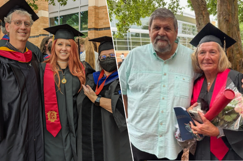 Enfinger with Dr. Shawn Cruzen and Dr. Rosa Williams (left); Downing with her husband (right)