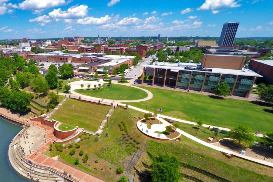 Aerial photo of CSU's Riverside Theatre and Woodruff Park, along with