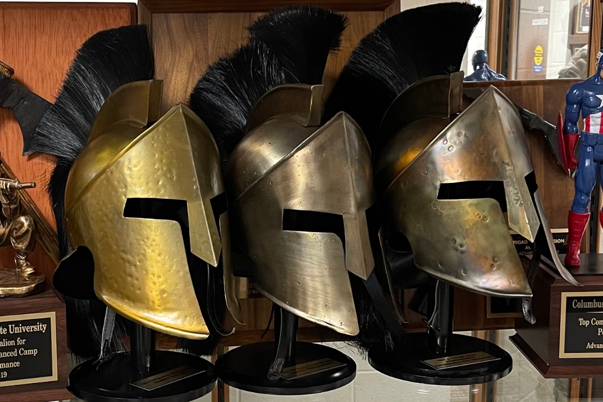 Photo of Titan Helmet awards sitting side by side in an awards case