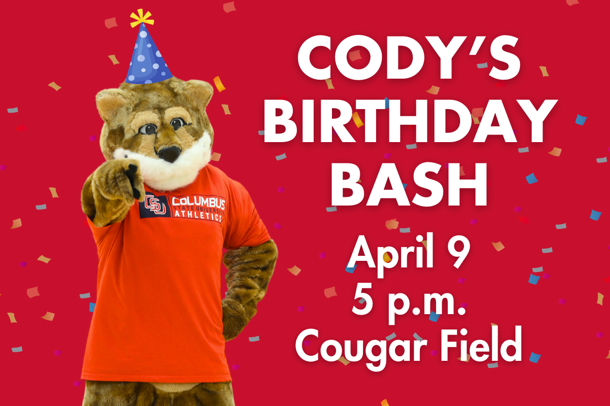 Graphic with a picture of Cody the Cougar with the text: Cody's Birthday Bash, April 9, 5 p.m. Cougar Field