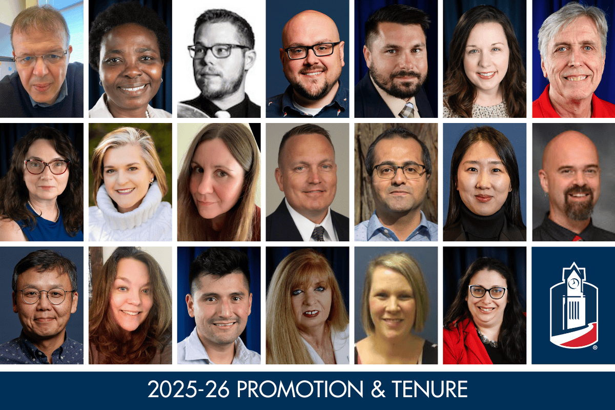 Grid of faculty headshots above the title: 2025-26 Tenure & Promotion