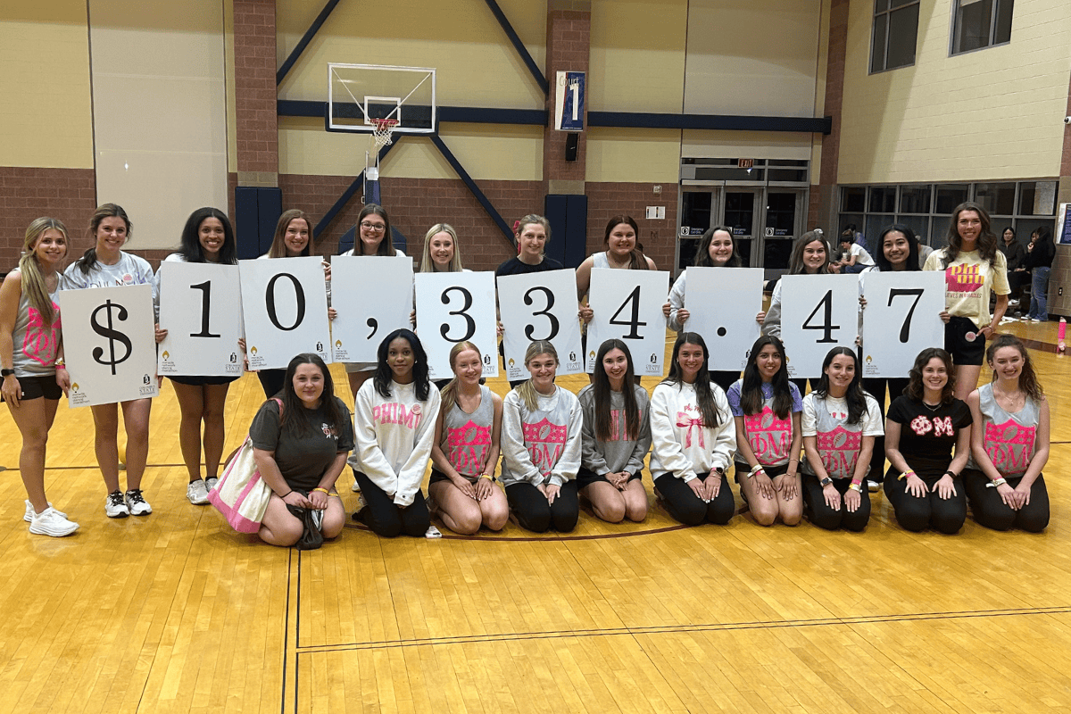 Group of students holding posters that together read $10,334.47.