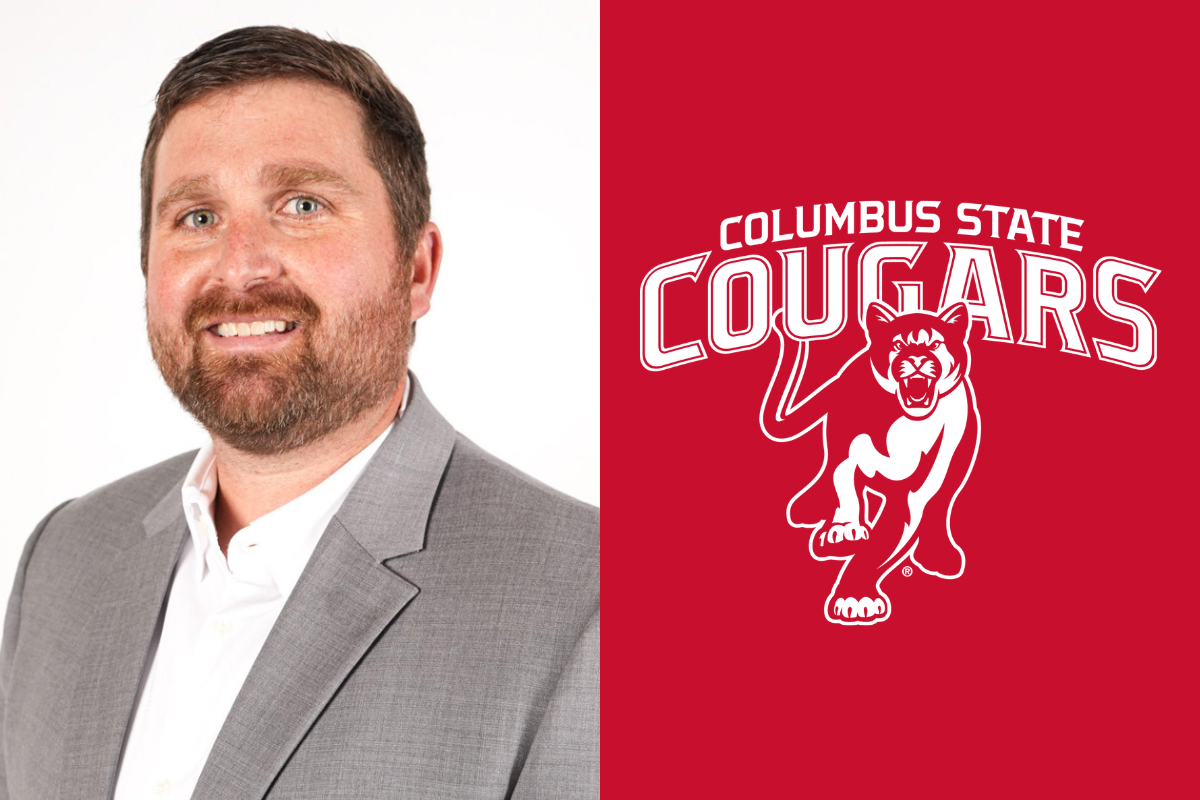 Headshot of Justin Hay next to the Columbus State Cougars "running cougar" logo