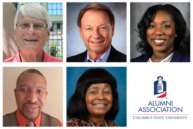 Grid of five headshots for Andrae, McDaniel, Santiago, Tyson and Williams; also includes the Columbus State University Alumni Association logo