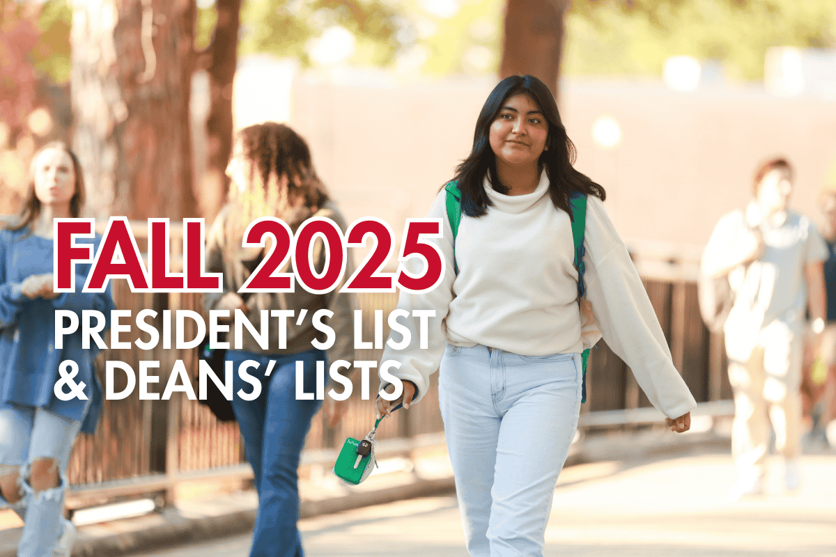 A student walking across campus with the words "Fall 2025 President's List and Deans' Lists" superimposed
