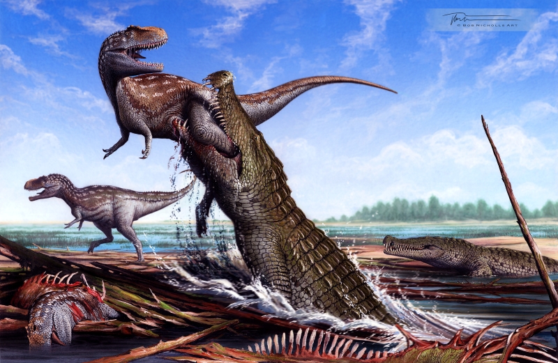 An artist’s rendering showing Deinosuchus schwimmeri emerging from the water and preying on an Appalachiosaurus.