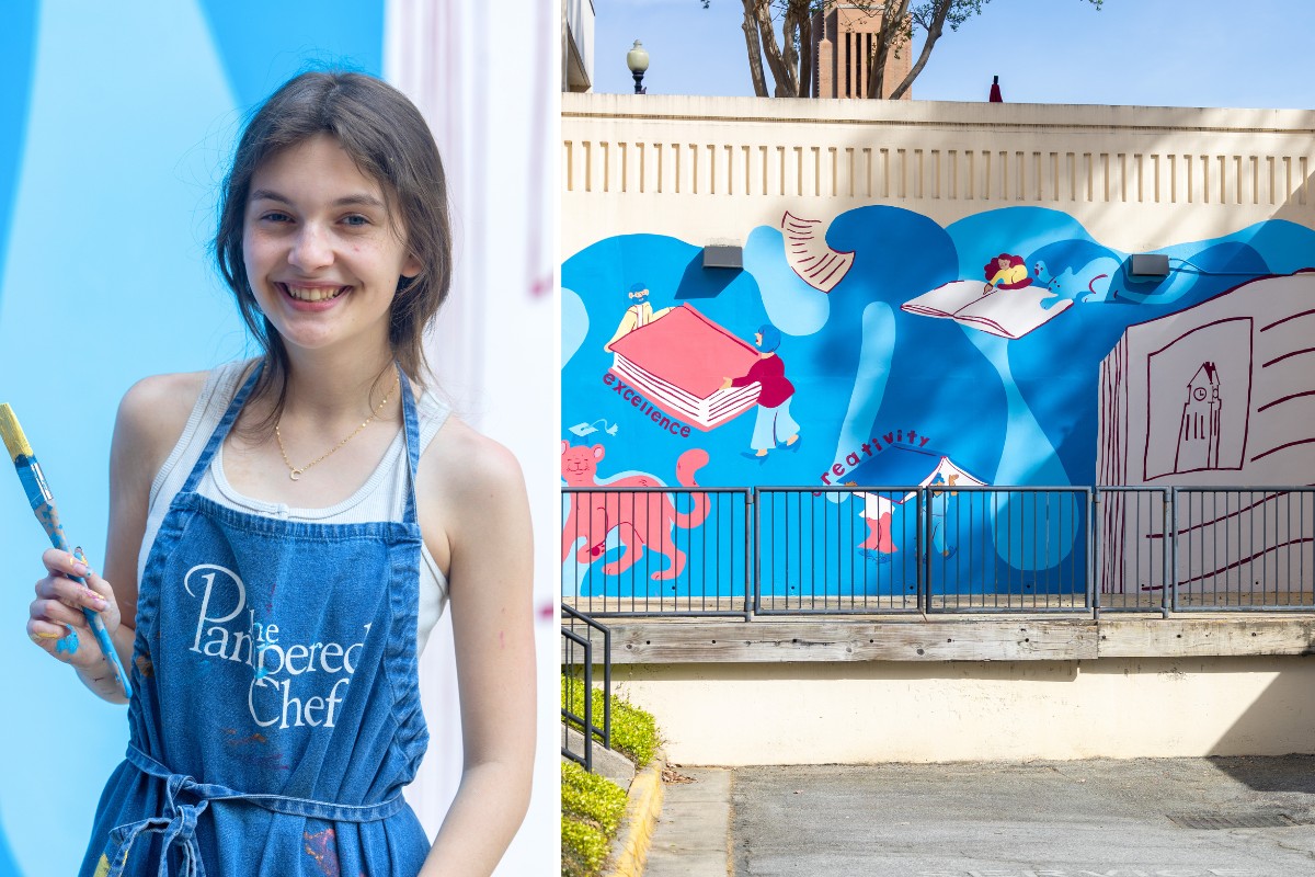 A split image featuring Cora Pearl James holding a paintbrush on the left and the completed campus mural on the right.