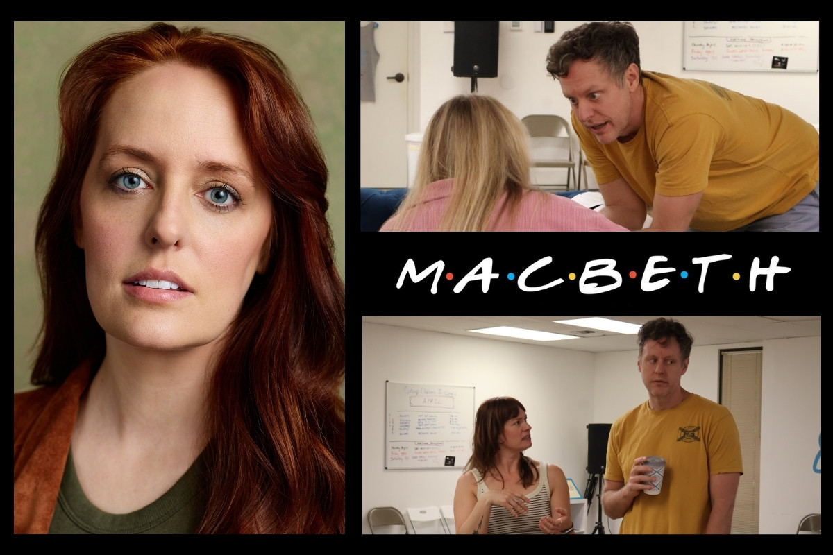 A collage featuring a headshot of a woman with red hair on the left and two rehearsal photos on the right. Between the rehearsal photos, the word 'MACBETH' is written in a style mimicking the 'Friends' TV show logo, with colorful dots between the letters. The rehearsal images show actors in a studio space interacting during a scene.