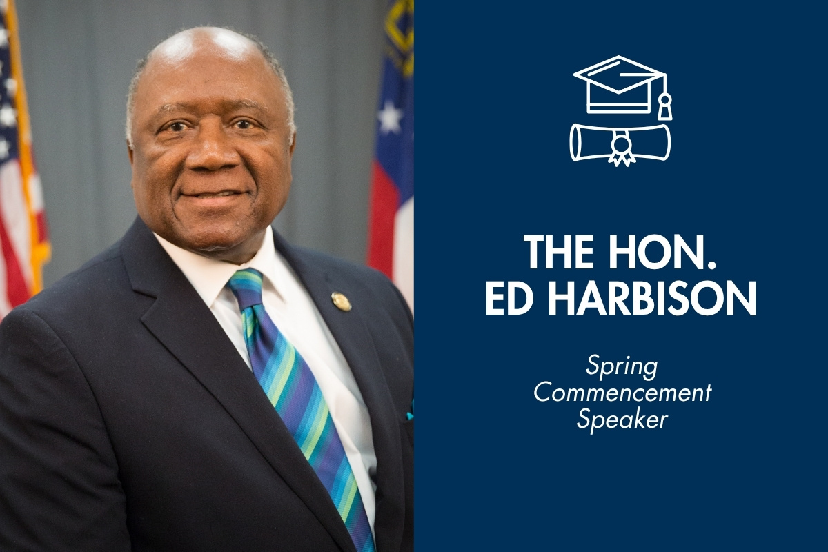 A split graphic featuring a portrait on the left and text on the right. The portrait shows The Honorable Ed Harbison, a Black man in a dark suit and striped blue and green tie, smiling in front of the American and Georgia state flags. The right side has a navy blue background with a white icon of a graduation cap and scroll above text that reads: 