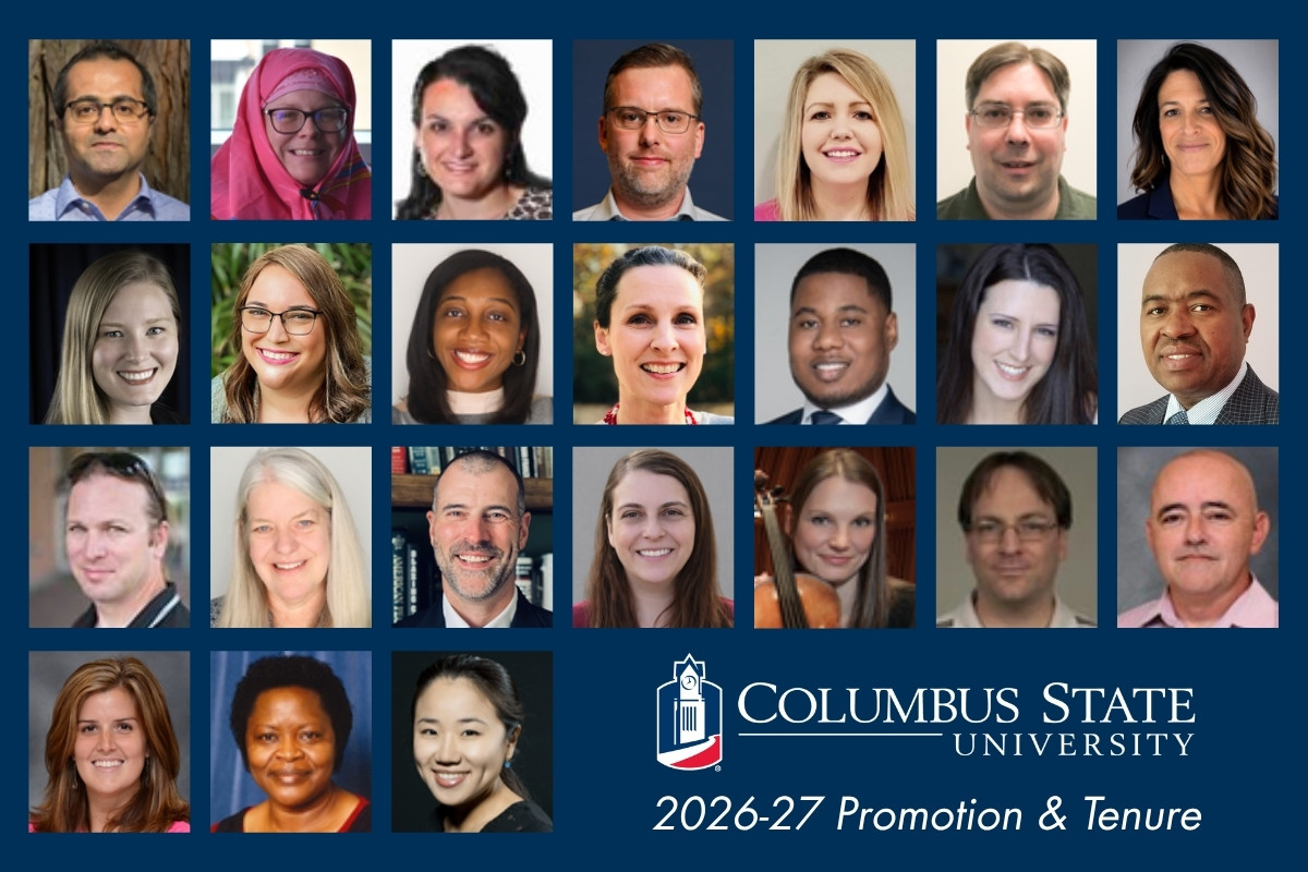 A grid of 24 headshots of diverse faculty members on a navy blue background. The bottom right corner features the Columbus State University logo above the text "2026-27 Promotion & Tenure." The faculty are arranged in four rows, showcasing a variety of ethnic backgrounds and gender identities.
