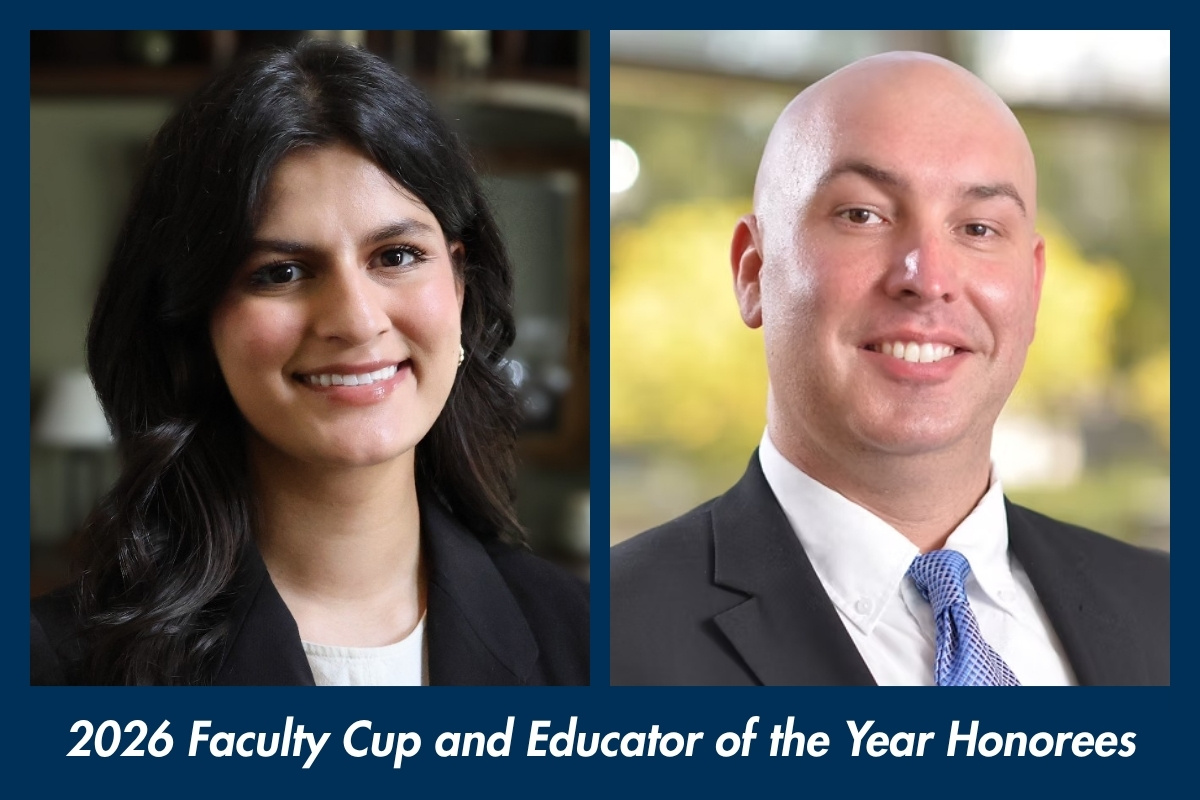 A side-by-side portrait of two smiling individuals. On the left is a woman with long dark hair wearing a black blazer. On the right is a man with a shaved head wearing a suit and a blue patterned tie. Below the portraits, text on a dark blue banner reads, '2026 Faculty Cup and Educator of the Year Honorees.'