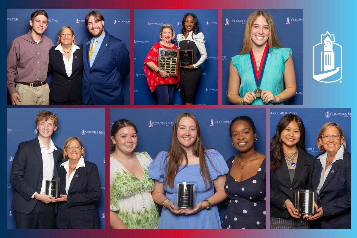 A collage of six photos from an awards ceremony at Columbus State University. Various students and faculty members are shown smiling while holding plaques and medals against a blue university-branded backdrop. The Columbus State University tower logo is displayed on the right side of the collage.