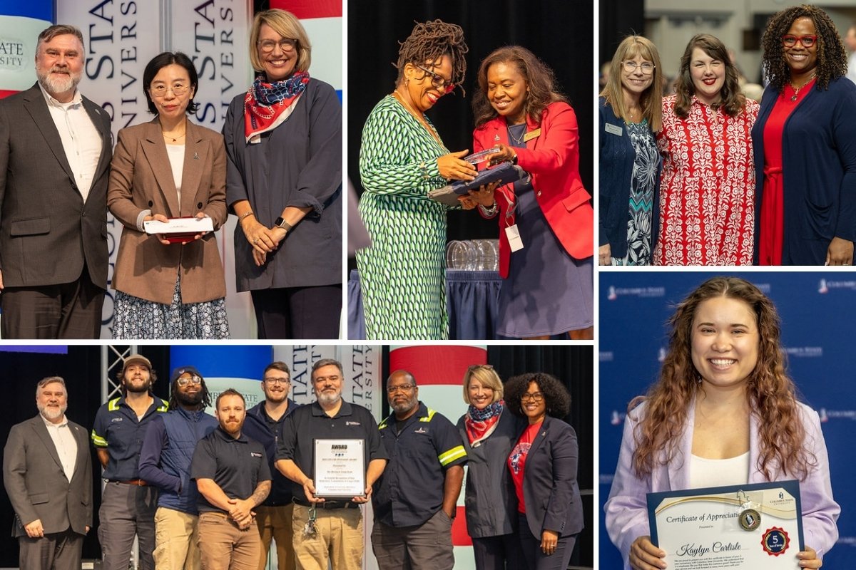 A collage of five photos from an employee awards ceremony. Various groups of diverse faculty and staff members are shown smiling while receiving awards, certificates, and plaques. One photo features a woman, Kaylyn Carlisle, holding a five-year service certificate and a medal. The university's branding is visible in the background of several shots.
