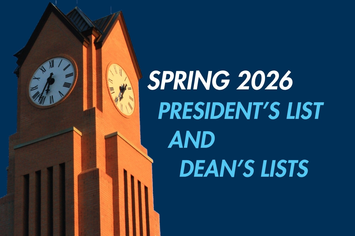 Promotional graphic on a dark blue background featuring a photograph of the Columbus State University clock tower on the right. Text on the right reads: 