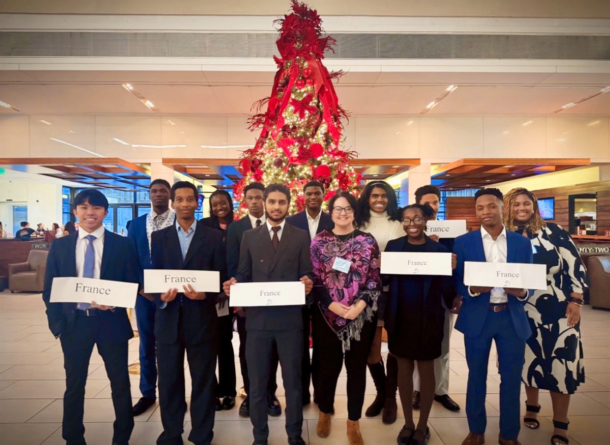 A large group of diverse young adults in professional business attire pose together in a modern lobby in front of a tall, brightly lit Christmas tree decorated with red ornaments. Several individuals in the front row are holding up white rectangular placards that read "France."