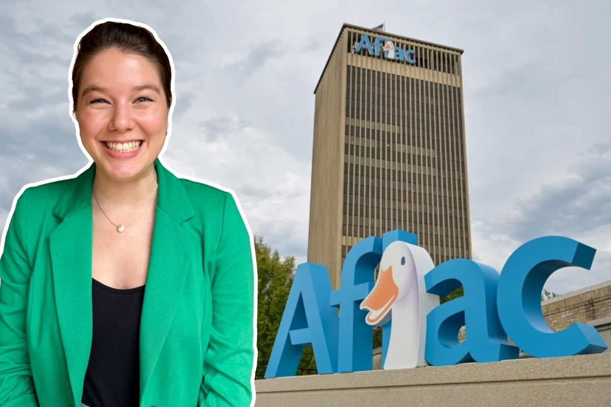 Photo of Kaylee Dodson superimposed over a background image of the Aflac headquarters and Aflac logo signage in Columbus, Georgia