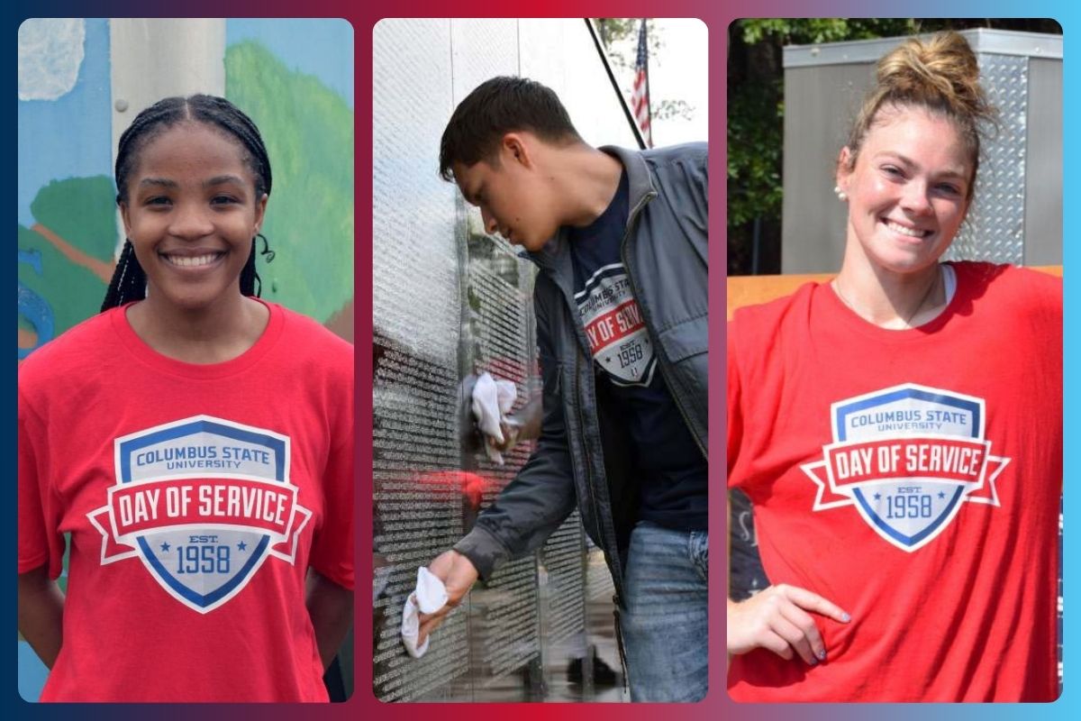 A three-panel composite graphic featuring Columbus State University student volunteers in red "Day of Service" t-shirts. Left panel: a smiling young woman posing in front of a colorful mural. Middle panel: a young man wiping down a black granite memorial wall. Right panel: a smiling young woman leaning on a wooden donation bin.