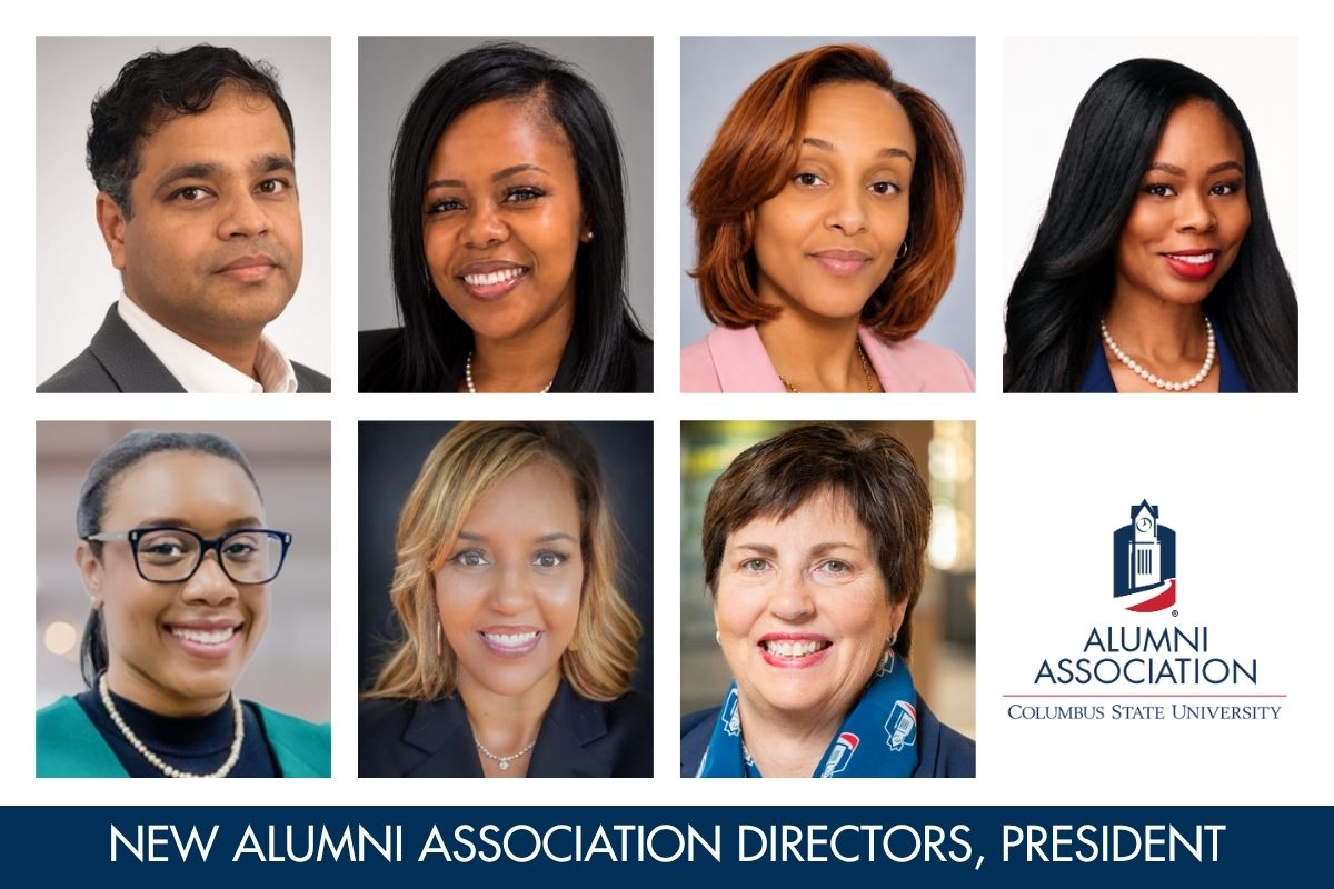 Headshots of the seven new members and president appointed to the Columbus State University Alumni Association Board of Directors.