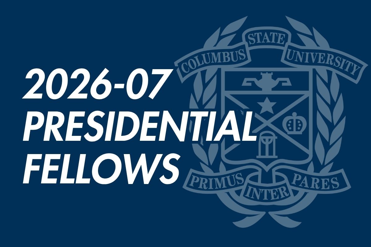 Promotional graphic announcing the selection of the 2026-07 Columbus State University Presidential Fellows, displayed against a navy background featuring the university seal.