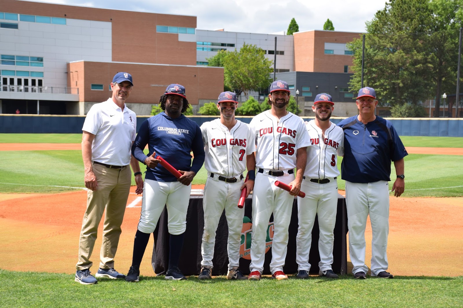 Baseball Team graduates and coaches; from left to right: Coach Patrick Collins, Graduate Assistant Coach Perez Knowles, David Meadows, Jamie Boatright, Hunter Woodall,  Coach Greg Appleton