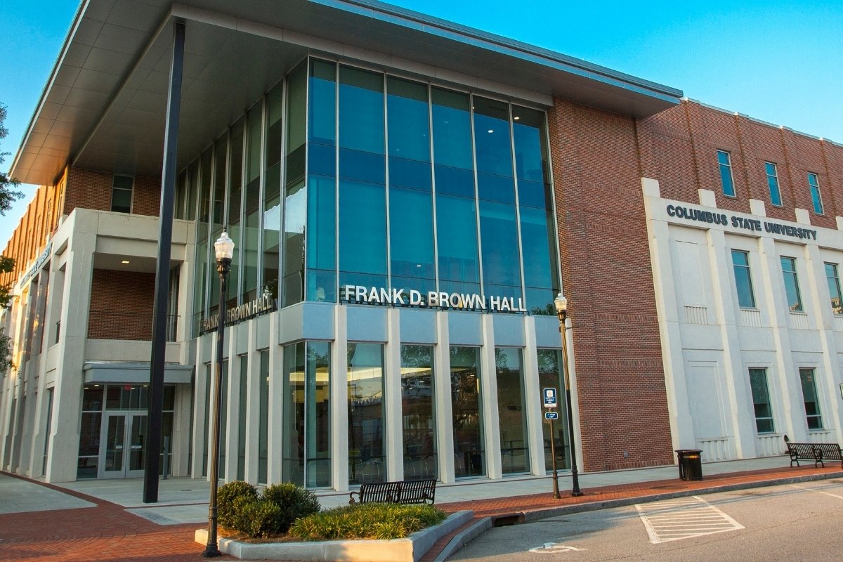 An exterior photo of Frank D. Brown Hall