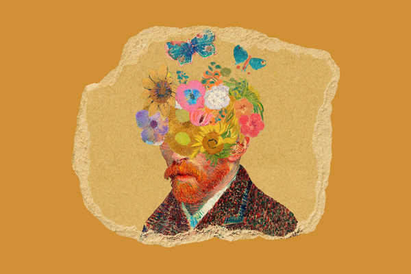 Drawing of Vincent Van Gogh with flowers and butterflies in place of his head; credit: rawpixels